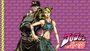 兩個《JoJo的奇妙冒險》動漫角色以JoJo標誌背景擺姿勢。