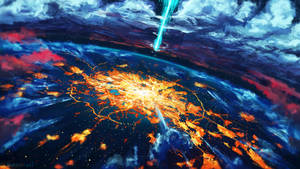 旋轉星雲中的熾熱宇宙爆炸，伴隨著一道發光的光束。 — 藝術 壁紙