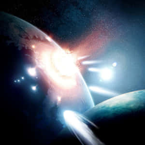 一顆行星在擁有兩顆行星的星空太空場景中，伴隨著明亮的能量光束爆炸。 — 夜空 壁紙