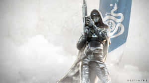 一名披著斗篷的裝甲戰士持步槍，身後有蛇形徽章旗幟。