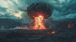 火山爆發，明亮的熔岩和黑煙映襯著風暴天空