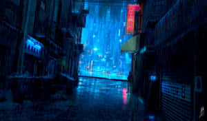 被雨水浸透的霓虹小巷在夜晚通向一座高聳的未來城市。