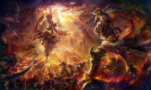 火焰中惡魔戰士與鳳凰的奇幻戰鬥場景。 — 神之隕落 壁紙