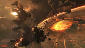 戰艦在太空中熔岩行星上空的激烈戰鬥中爆炸。 — 鬼滅之刃 壁紙