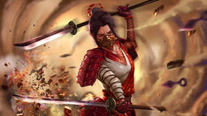 身穿紅色盔甲的武士戰士在爆炸性戰鬥中揮舞兩把劍。