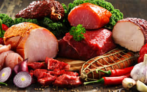 木質表面上搭配香草和香料的各種生肉和醃製肉類。 — 16:10 壁紙