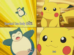 Snorlax 使用 Body Slam，而 Pikachu 震驚並輕微爆粗。 — 可愛寵物小精靈 壁紙