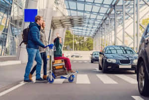 家庭與小孩在行李車上，機場客運大樓內有出租車。