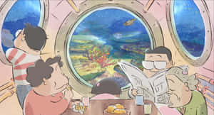 家庭在潛艇內吃早餐，觀看色彩繽紛的珊瑚礁和魚類。 — 角落生物 壁紙