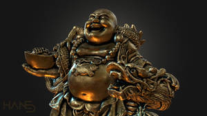 金色笑佛雕像手持缽盂，身披華麗長袍。 — 日本龍動畫 壁紙