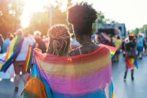 兩個人披著彩虹旗，在日落時分的Pride遊行中一起行走。