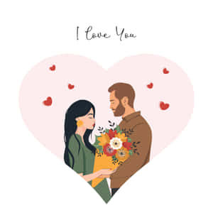 一名男子在心形內向一名女子贈送花束，周圍有漂浮的心形和 I Love You 文字。 — iPad Pro 11 壁紙