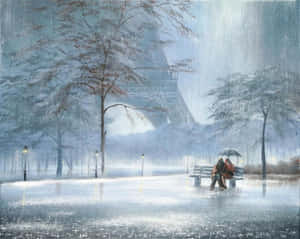 情侶在艾菲爾鐵塔附近的雪地長椅上撐傘 — 冬日美學 壁紙