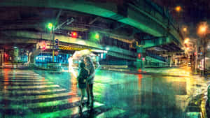 兩人在天橋下的雨夜城市街道上共用一把傘。 — 情侶 GIF 壁紙
