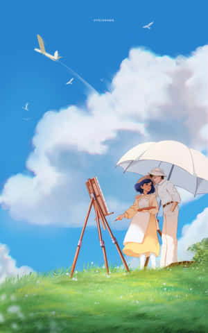 情侶在傘下繪畫，飛機在晴天飛過。 — Pixel Tablet 壁紙