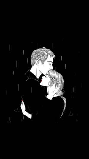 一對情侶在雨中接吻，黑白插圖。 — 情侶擁抱 壁紙