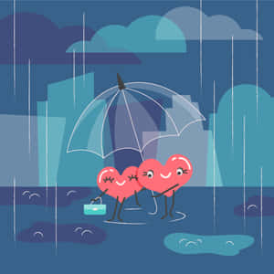 兩個心形角色在雨中撐傘，背景有城市建築。 — 卡通 壁紙