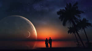 黃昏海灘上牽手的剪影情侶，上方有巨大的月亮和星星。 — 月色夜空 壁紙