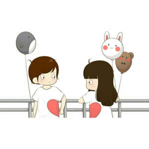 兩個小孩拿著動物氣球，穿著心形襯衫，靠在欄杆上。 — 情侶 GIF 壁紙