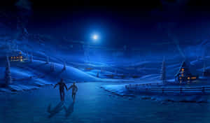 情侶在滿月下於白雪覆蓋的山村冰凍湖泊上溜冰。 — 月色夜空 壁紙