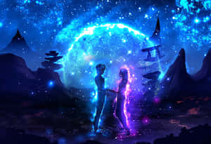 一對發光的情侶在星空外星景觀中，在宇宙藍月下手牽手。 — 情侶 GIF 壁紙