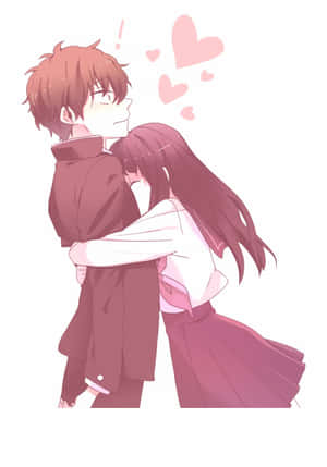 穿著校服的動漫情侶，伴隨著飄浮的心形，分享著充滿愛意的擁抱。 — 唯美雲朵動態 壁紙