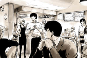 動畫角色在溫暖燈光的酒吧中，酒保正在提供飲料。 — 戰士 壁紙