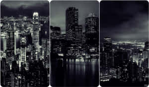 黑白夜景城市景觀，高樓大廈與水面倒影。 — 鎖屏 壁紙