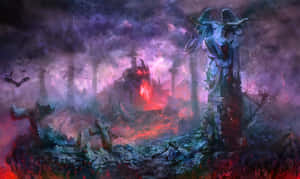 一座破碎的天使雕像矗立在黑暗暴風雲下的熾熱地獄景觀中。 — 鬼滅之刃 壁紙