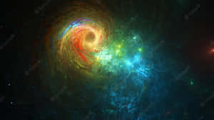 在佈滿星辰的黑色背景上，紅色、黃色和藍色星雲旋轉的充滿活力的星系。