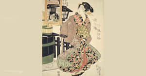 傳統日本版畫中，穿著圖案和服的藝妓站在燈籠和木桶旁。