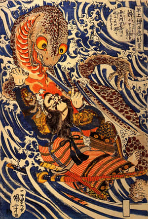 武士在暴風雨的海浪中與海怪戰鬥，日本木版畫。