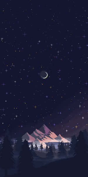 像素化夜空，星星、月亮和山脈在松樹後面 — Pixel 3 壁紙