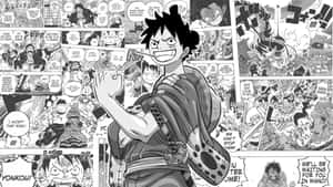 黑白漫畫拼貼畫， featuring 一個堅定的動漫男孩，被漫畫面板包圍。 — 海賊王 壁紙