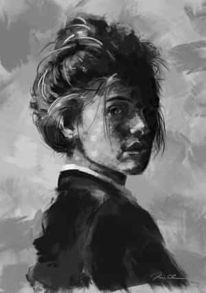 一位頭髮蓬亂的年輕女子在一幅黑白素描中若有所思地回頭凝望。 — 極簡美學 壁紙