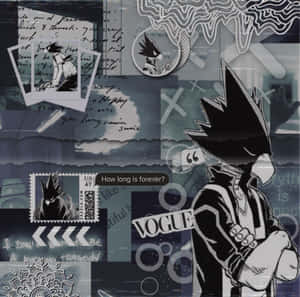 在深藍色背景上，以手寫筆記和Vogue雜誌元素組成的動漫角色拼貼畫。 — iPad Air 壁紙