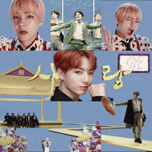 K-pop偶像穿著色彩繽紛的服裝站在浮動平台上，帶有韓文文字和超現實元素。 — BTS標誌 壁紙