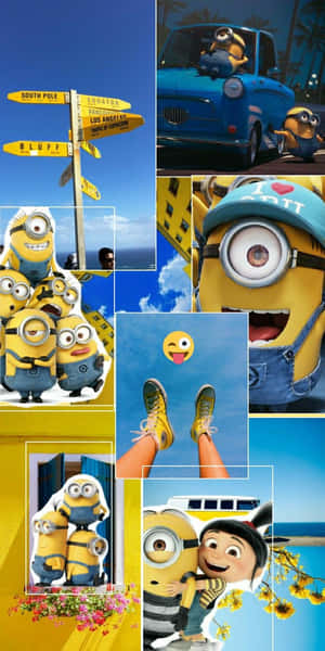 在陽光燦爛的天空下，Minions在歡樂的戶外場景中的拼貼畫。 — 糖果 GIF 壁紙
