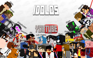 Minecraft風格的像素藝術，展示YouTube主播圍繞YouTube標誌，帶有'IDOLOS'文字。 — 我的世界 壁紙