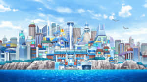 動漫城市，色彩繽紛的建築物沿著岩石海岸，在晴朗的天空下。 — 迷霧森林 壁紙