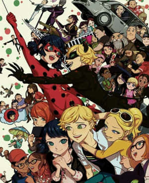 動漫角色 Ladybug 和 Cat Noir 在熱鬧的人群場景中。 — Apple Watch Ultra 壁紙