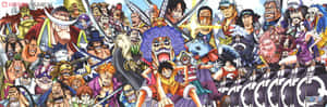 《One Piece》動漫角色在色彩繽紛、動作滿滿的群體場景中。 — 超寬螢幕 壁紙