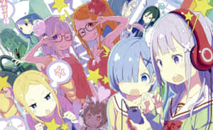 一群擁有色彩繽紛頭髮的動漫女孩，周圍有星星。 — 初音未來 壁紙