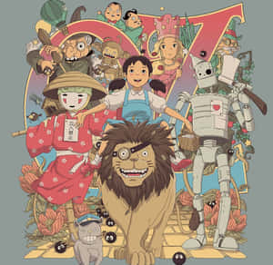 Ghibli 角色包括獅子、錫人和 Totoro，在色彩繽紛的奇幻場景中。 — 東京喰種角色 壁紙