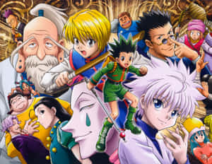 來自 Hunter x Hunter 的動畫角色，以富有表現力的面孔和金色漩渦呈現動態群像。 — 動漫打鬥 壁紙