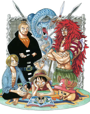《One Piece》船員圍繞著一張地圖，背景中有一條藍色的蛇和長矛。 — 天空美學 壁紙