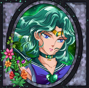 動畫角色，綠髮藍眼，周圍環繞著花朵和星星。 — 美少女戰士 壁紙