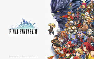 Final Fantasy XI Online 標誌，以及一群動畫角色面對一條巨大的藍龍。 — MacBook Pro 13 壁紙