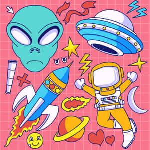 卡通太空主題，在粉紅色網格上有外星人、UFO、太空人、火箭和行星。 — iPad 壁紙