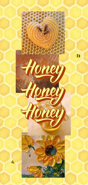 蜂巢、蜜蜂、蜂蜜罐和向日葵在黃色六邊形背景上的拼貼畫。 — iPhone 18 壁紙